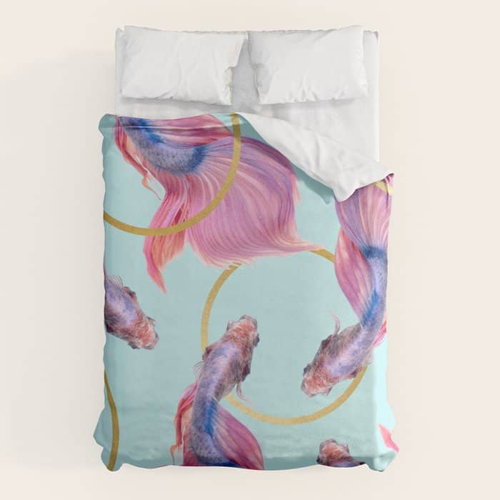 Hullahoops, Eclectic Colorful Fish Graphic Design, Animals Gold Rings Surrealism Quirky Duvet Cover