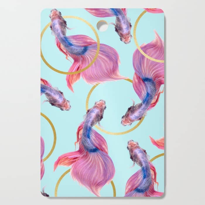 Hullahoops, Eclectic Colorful Fish Graphic Design, Animals Gold Rings Surrealism Quirky Cutting Board