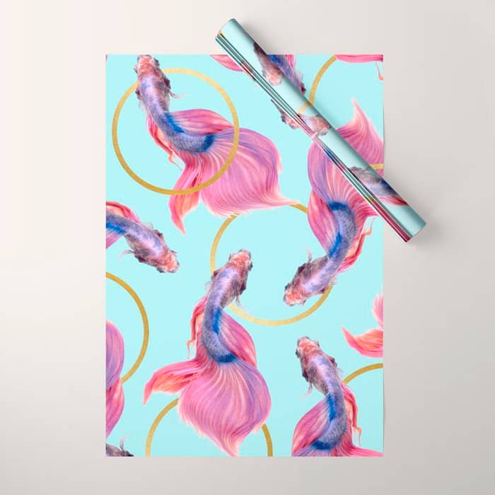 Hullahoops, Eclectic Colorful Fish Graphic Design, Animals Gold Rings Surrealism Quirky Wrapping Paper