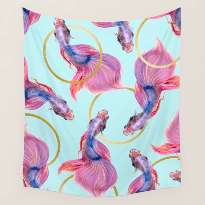 Hullahoops, Eclectic Colorful Fish Graphic Design, Animals Gold Rings Surrealism Quirky Wall Tapestry
