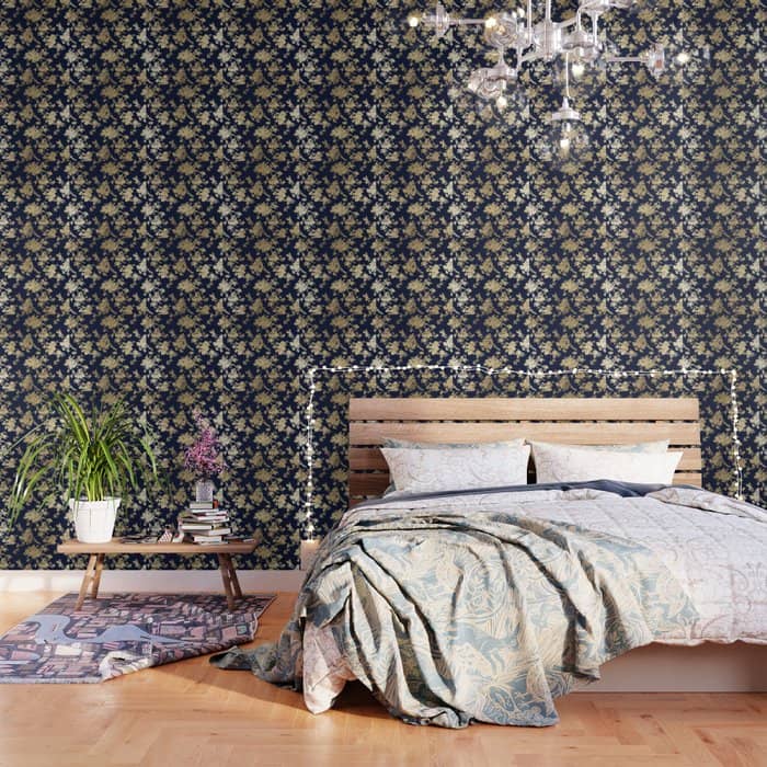 Elegant Vintage Navy Blue Faux Gold Flowers Wallpaper