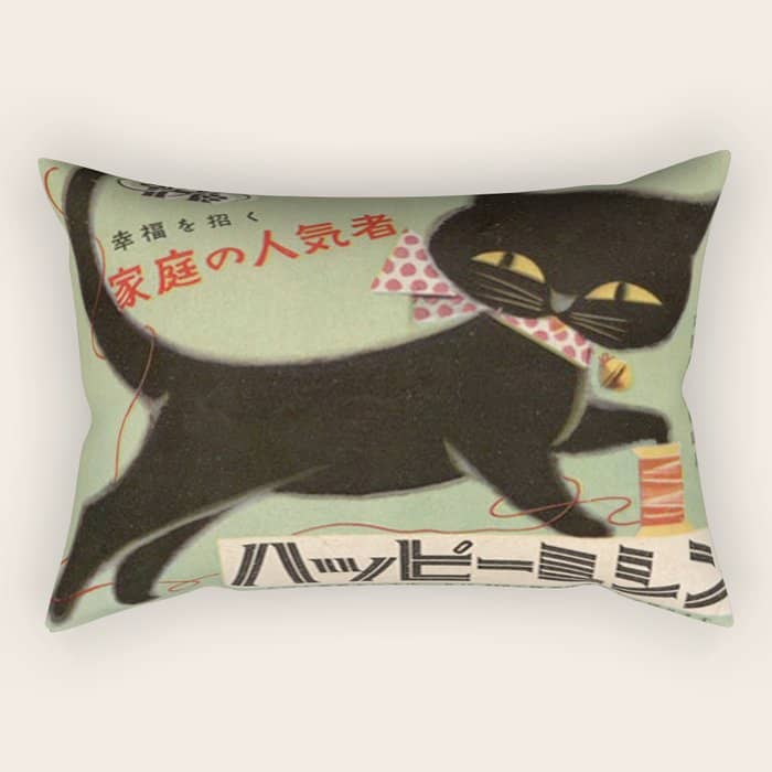 Vintage Japanese Black Cat Rectangular Pillow
