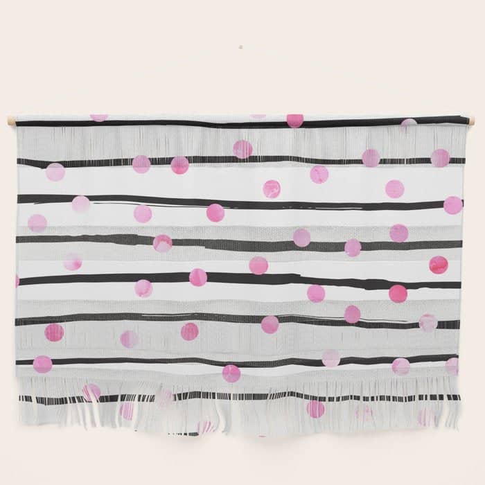 Blush Pink Black Watercolor Modern Stripes Polka Dots Wall Hanging