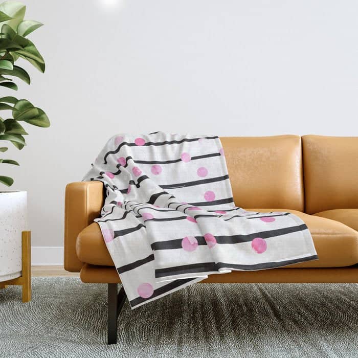 Blush Pink Black Watercolor Modern Stripes Polka Dots Throw Blanket