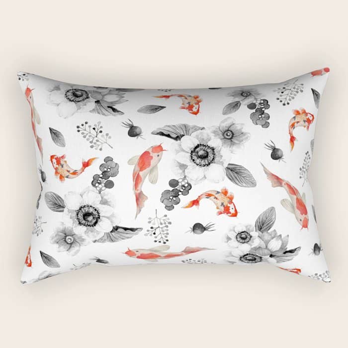 Colorful Orange Black White Watercolor Floral Koi Fish Rectangular Pillow