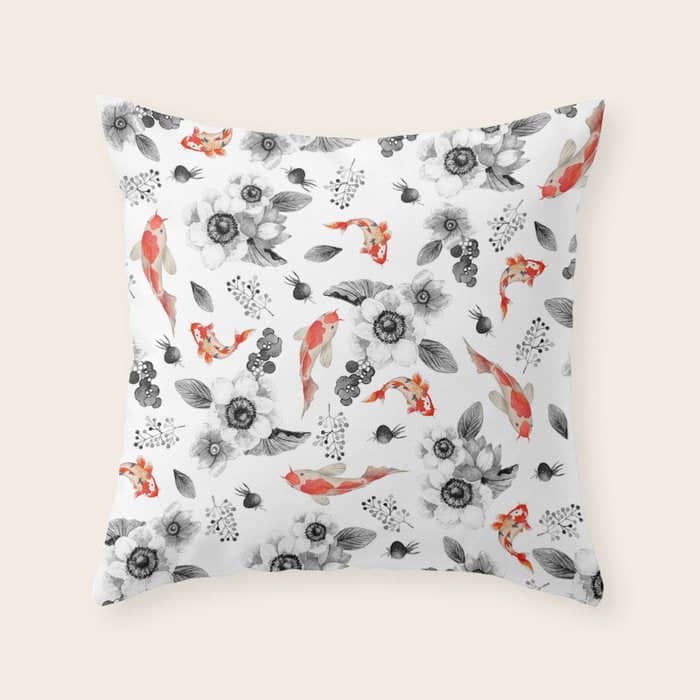 Colorful Orange Black White Watercolor Floral Koi Fish Throw Pillow