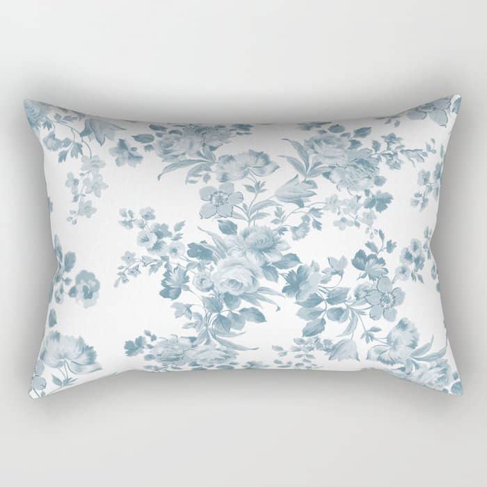 Vintage Blue White Bohemian Elegant Floral Rectangular Pillow