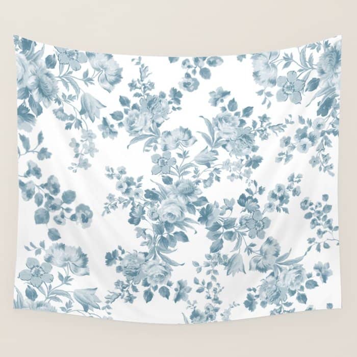 Vintage Blue White Bohemian Elegant Floral Wall Tapestry