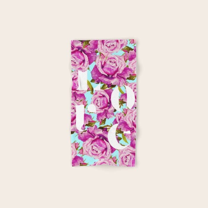 Love, Floral Typography Valentine'S Graphic Design, Eclectic Modern Boho Botanical Rose Illustration Bath Towel
