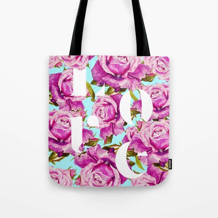 Love, Floral Typography Valentine'S Graphic Design, Eclectic Modern Boho Botanical Rose Illustration Tote Bag