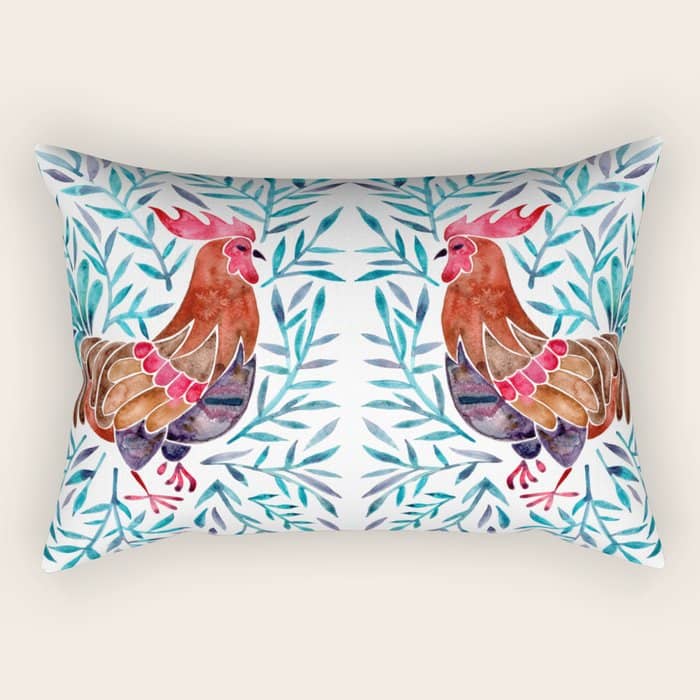 Le Coq - Watercolor Rooster With Turquoise Leaves Rectangular Pillow