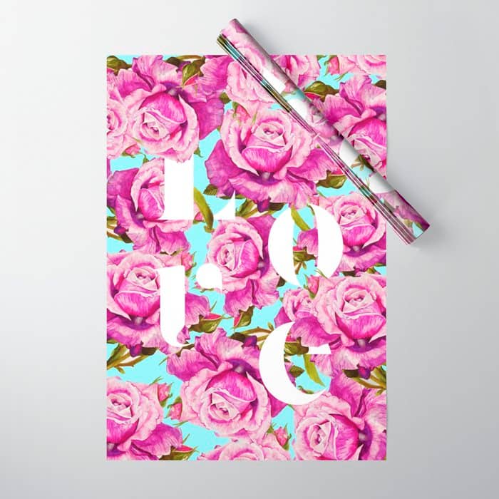 Love, Floral Typography Valentine'S Graphic Design, Eclectic Modern Boho Botanical Rose Illustration Wrapping Paper