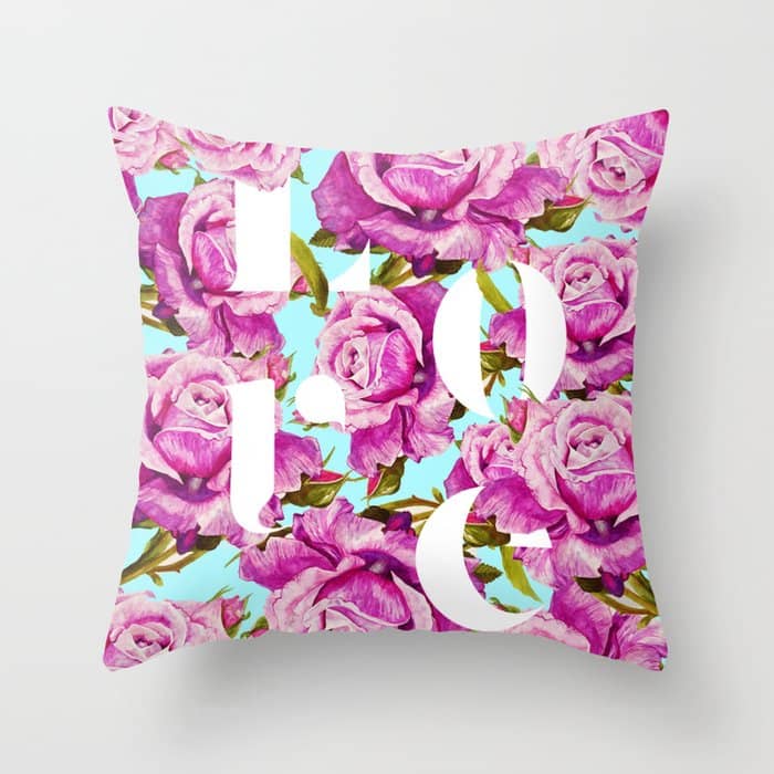 Love, Floral Typography Valentine'S Graphic Design, Eclectic Modern Boho Botanical Rose Illustration Throw Pillow