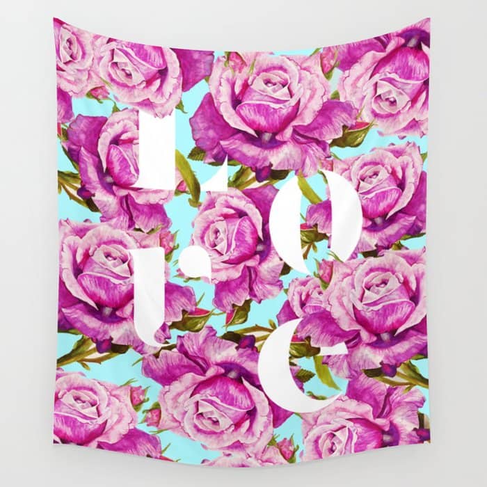 Love, Floral Typography Valentine'S Graphic Design, Eclectic Modern Boho Botanical Rose Illustration Wall Tapestry