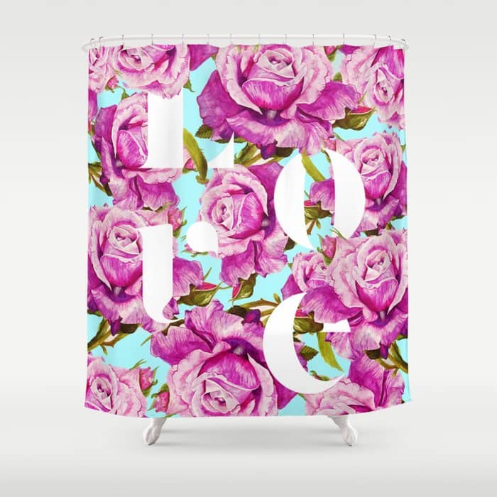 Love, Floral Typography Valentine'S Graphic Design, Eclectic Modern Boho Botanical Rose Illustration Shower Curtain