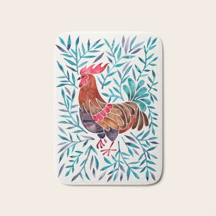 Le Coq - Watercolor Rooster With Turquoise Leaves Bath Mat