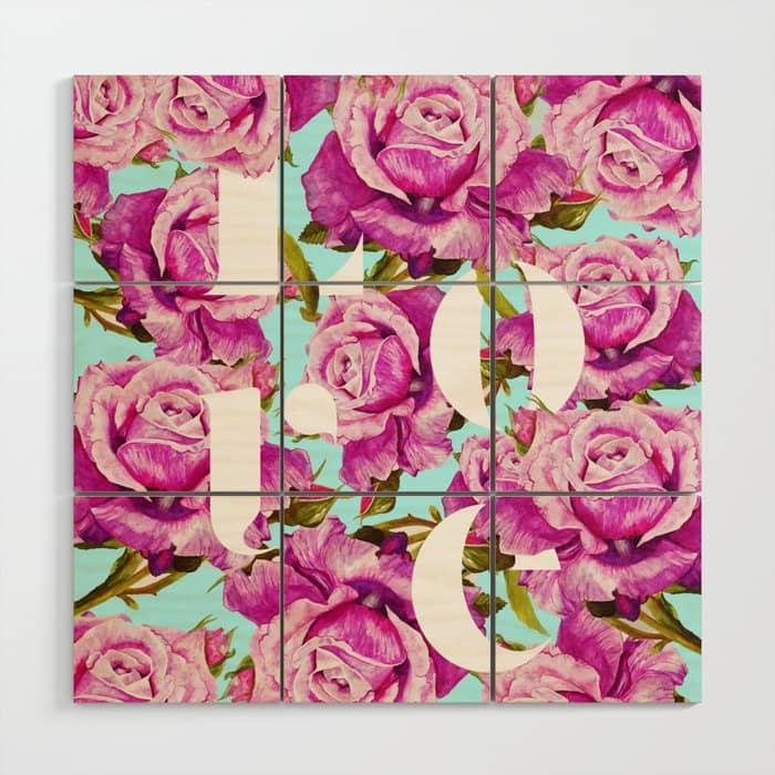 Love, Floral Typography Valentine'S Graphic Design, Eclectic Modern Boho Botanical Rose Illustration Wood Wall Art