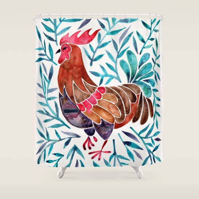 Le Coq - Watercolor Rooster With Turquoise Leaves Shower Curtain