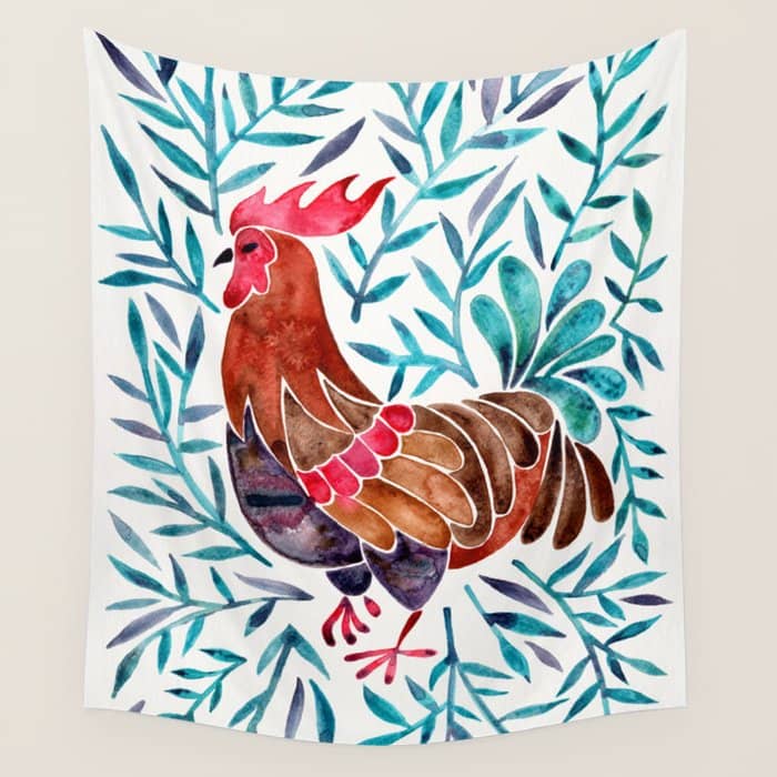 Le Coq - Watercolor Rooster With Turquoise Leaves Wall Tapestry