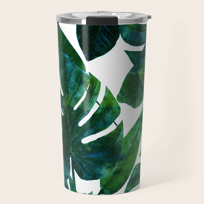 Tropical Nature Monstera Watercolor Painting, Botanical Jungle Dark Palm Illustration Travel Mug