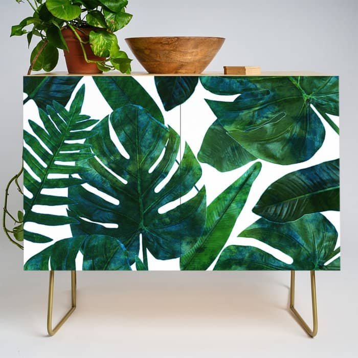 Tropical Nature Monstera Watercolor Painting, Botanical Jungle Dark Palm Illustration Credenza