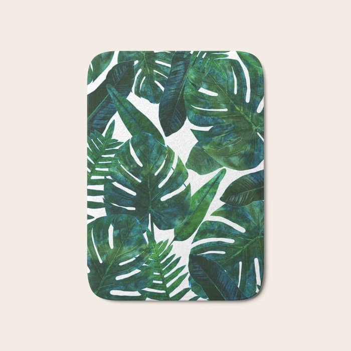 Tropical Nature Monstera Watercolor Painting, Botanical Jungle Dark Palm Illustration Bath Mat