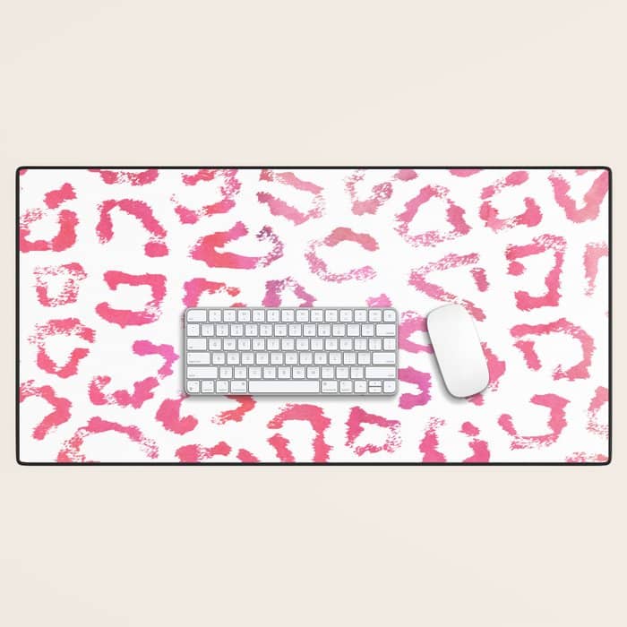 Modern White Pink  Watercolor Animal Print Desk Mat