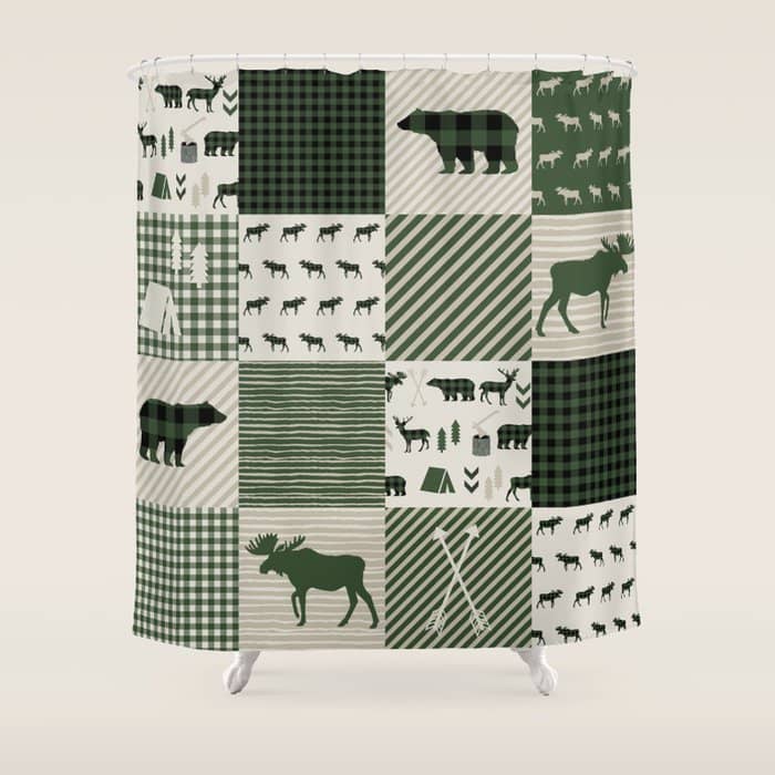 Camping Hunter Green Plaid Quilt Cheater Quilt Baby Nursery Cute Pattern Bear Moose Cabin Life Shower Curtain