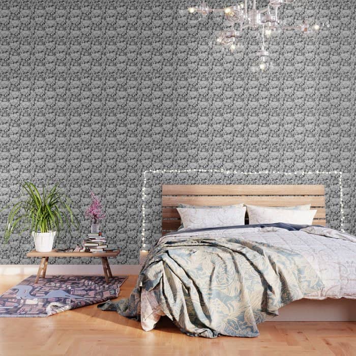 Vintage Bohemian Black White Roses Country Floral Wallpaper