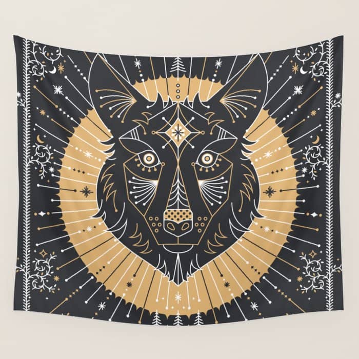 Wild & Free Wolf - Gold & Grey Wall Tapestry
