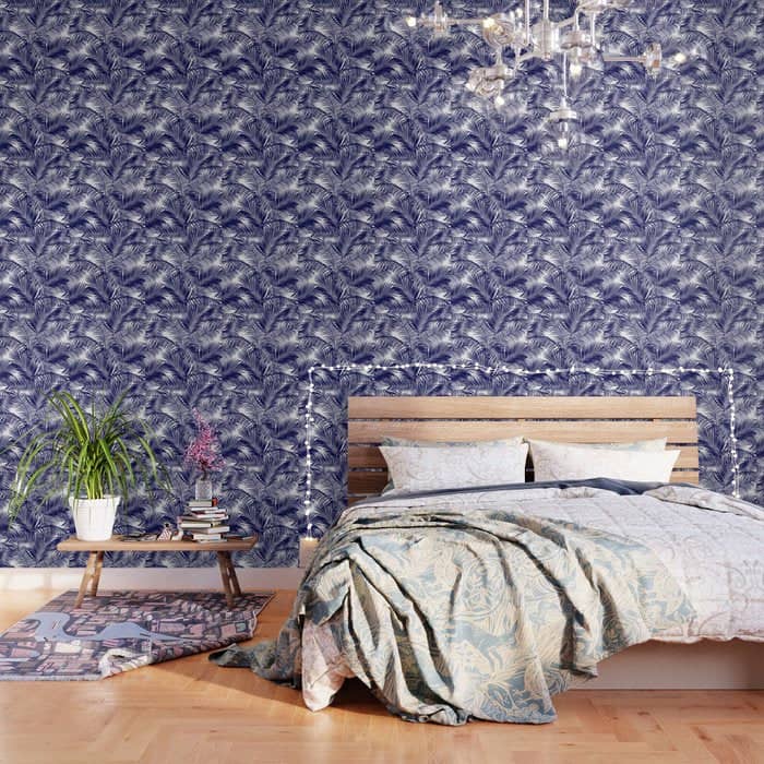 Modern Blue White Tropical Palm Trees Pattern Wallpaper