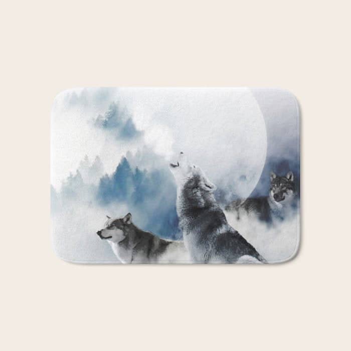 Winter Wolves, Wildlife Wolf Wild Dogs, Snow Full Moon Animals Photography Love Digital Art Bath Mat