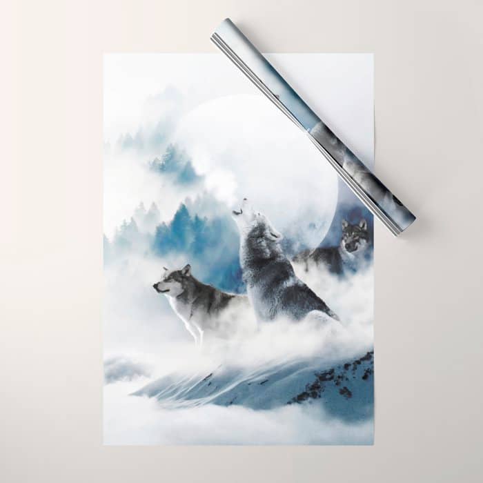 Winter Wolves, Wildlife Wolf Wild Dogs, Snow Full Moon Animals Photography Love Digital Art Wrapping Paper