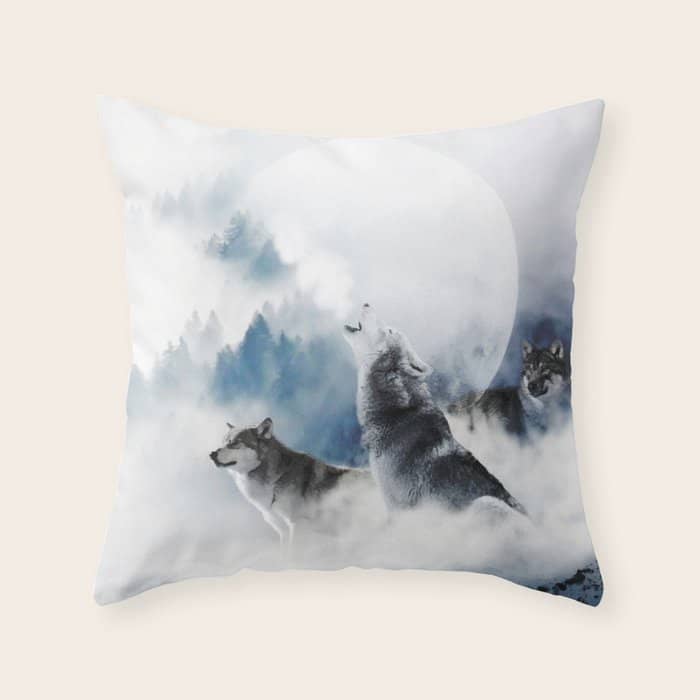 Winter Wolves, Wildlife Wolf Wild Dogs, Snow Full Moon Animals Photography Love Digital Art Throw Pillow