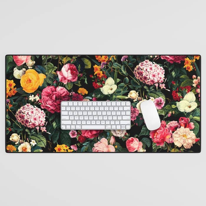 Floral D - Red, Pink, Yellow, Green, Black Baroque Floral Blossom Desk Mat