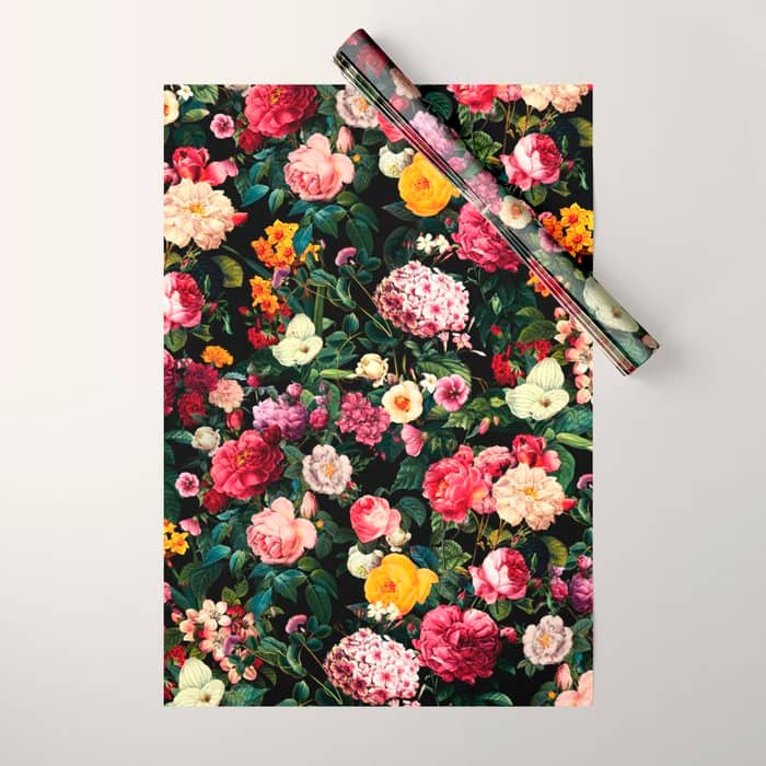 Floral D - Red, Pink, Yellow, Green, Black Baroque Floral Blossom Wrapping Paper