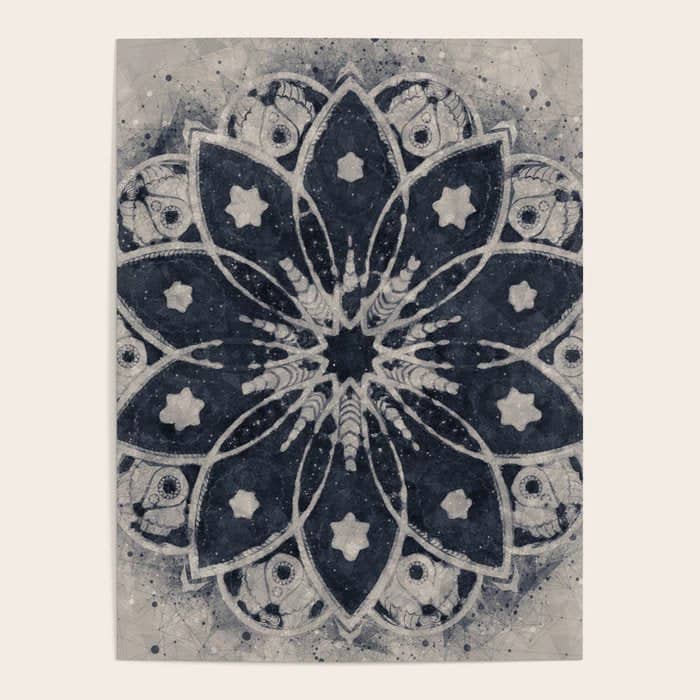 Mandala, Flower, Indigo Blue, Boho Art Poster