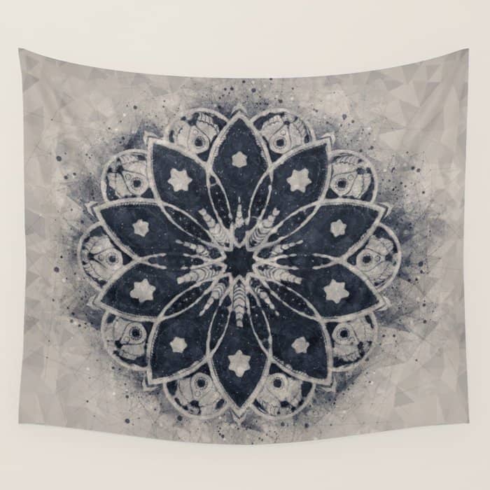 Mandala, Flower, Indigo Blue, Boho Art Wall Tapestry