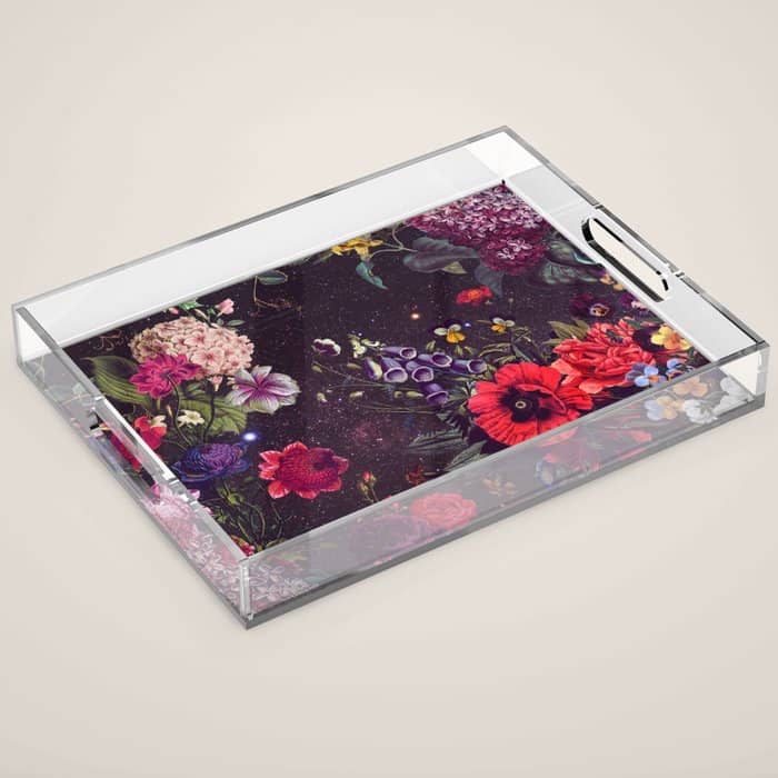 Astro Garden - Space, Stars, Purple, Red, Pink, Blossom, Vibrant, Flower Garden Acrylic Tray