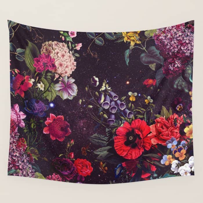 Astro Garden - Space, Stars, Purple, Red, Pink, Blossom, Vibrant, Flower Garden Wall Tapestry