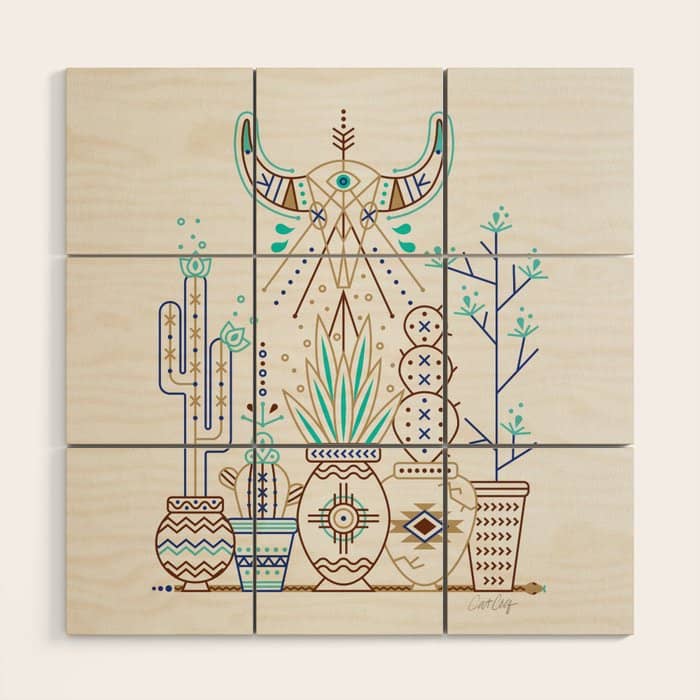 Santa Fe Garden - Turquoise & Brown Wood Wall Art