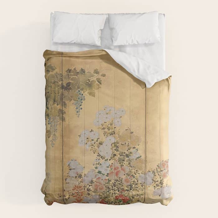 Japanese Edo Period Six-Panel Gold Leaf Screen - Spring And Autumn Flowers Comforter