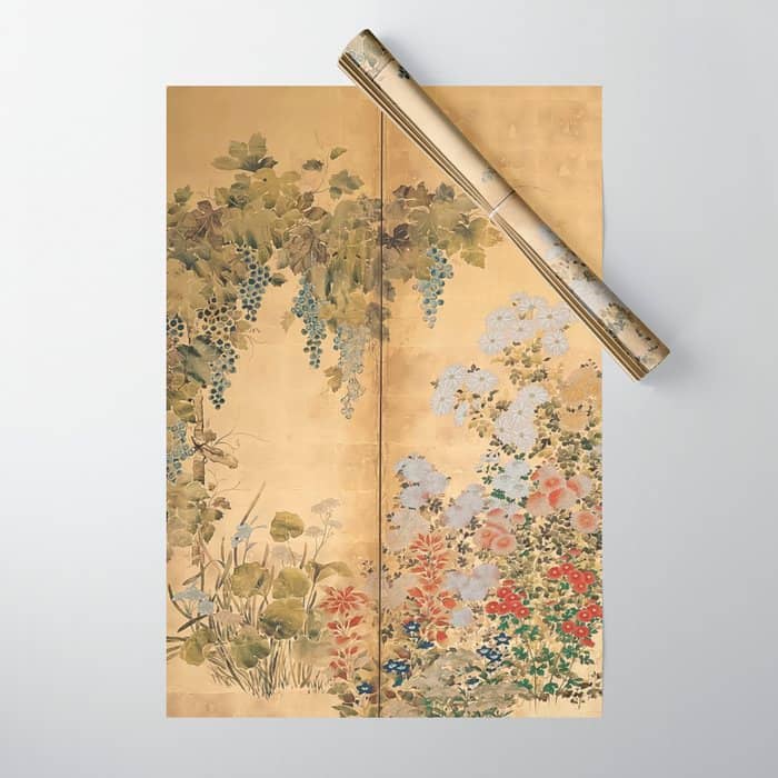 Japanese Edo Period Six-Panel Gold Leaf Screen - Spring And Autumn Flowers Wrapping Paper