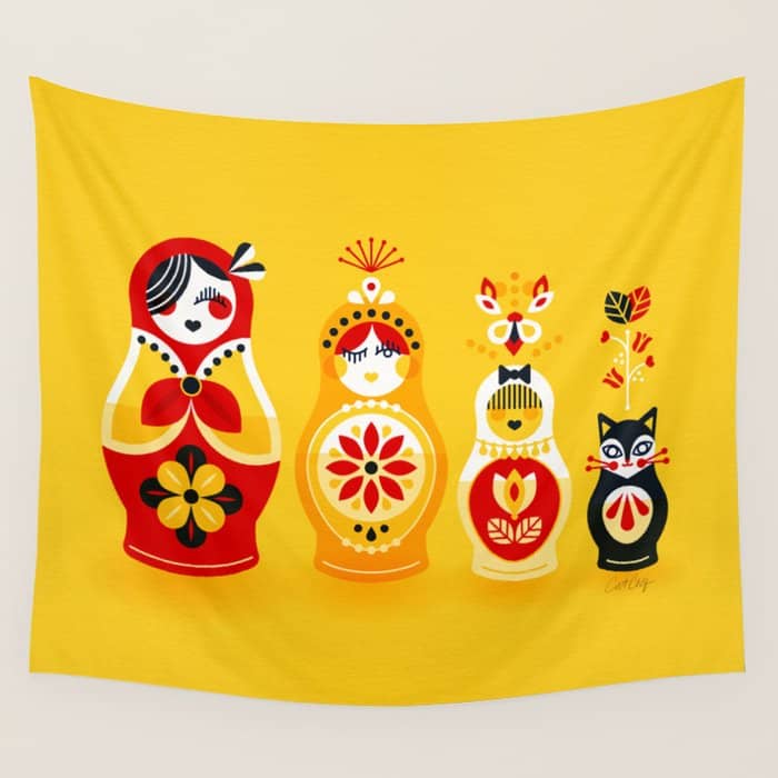 Russian Nesting Dolls - Yellow & Red Wall Tapestry
