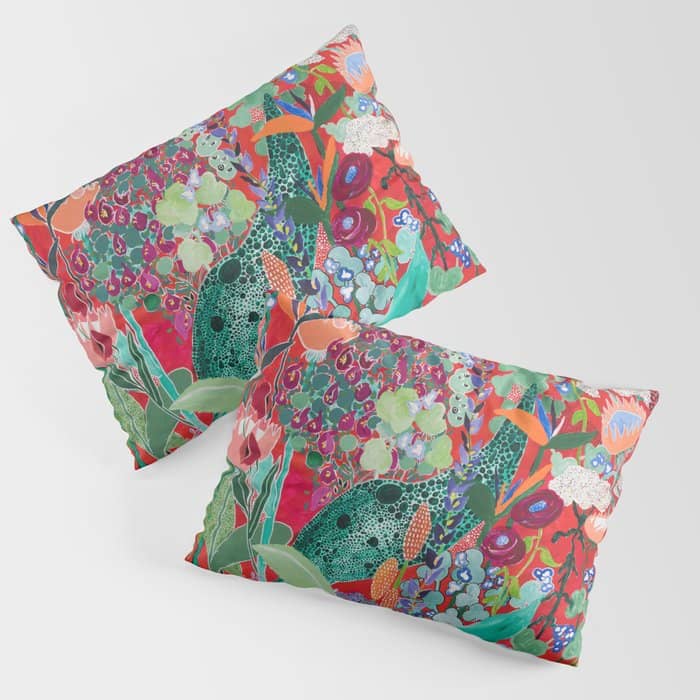 Floral Jungle On Red With Proteas, Eucalyptus And Birds Of Paradise Pillow Sham