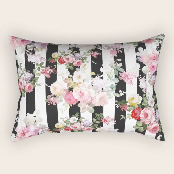 Bold Pink Watercolor Roses Floral Black White Stripes Rectangular Pillow