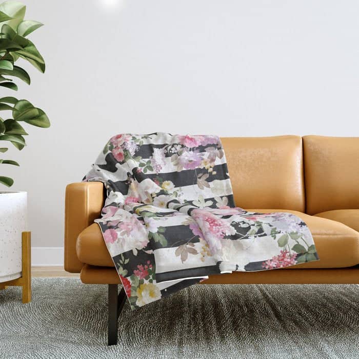 Bold Pink Watercolor Roses Floral Black White Stripes Throw Blanket