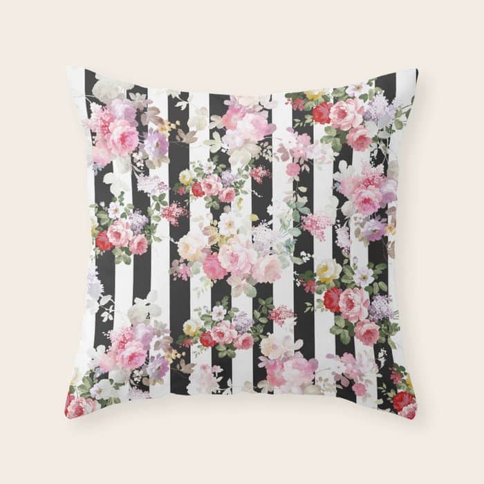 Bold Pink Watercolor Roses Floral Black White Stripes Throw Pillow