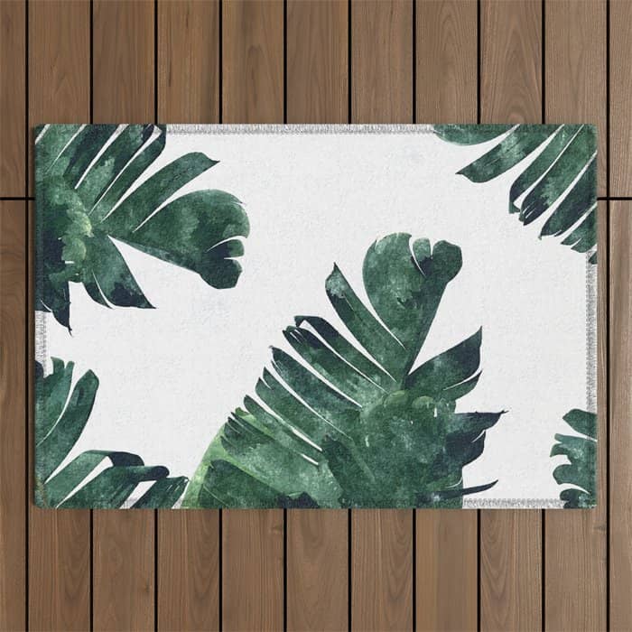 Banana Leaf Watercolor Painting, Tropical Nature Botanical Palm Illustration Bohemian Minimal Luxe Outdoor Rug