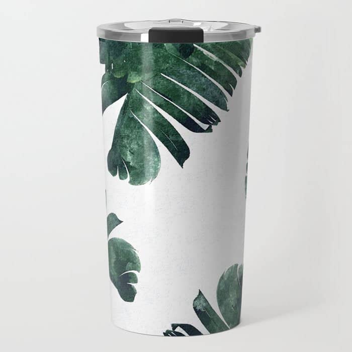 Banana Leaf Watercolor Painting, Tropical Nature Botanical Palm Illustration Bohemian Minimal Luxe Travel Mug